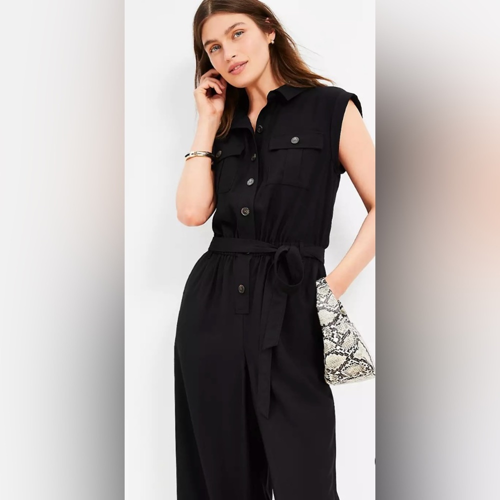 Loft Black Petite Linen Wide Leg Sleeveless Jumpsuit